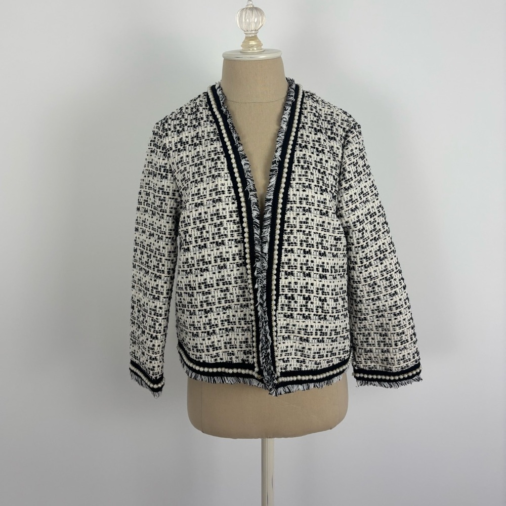 Shein Tweed Jacket Black White Peal Fringe Open Front L